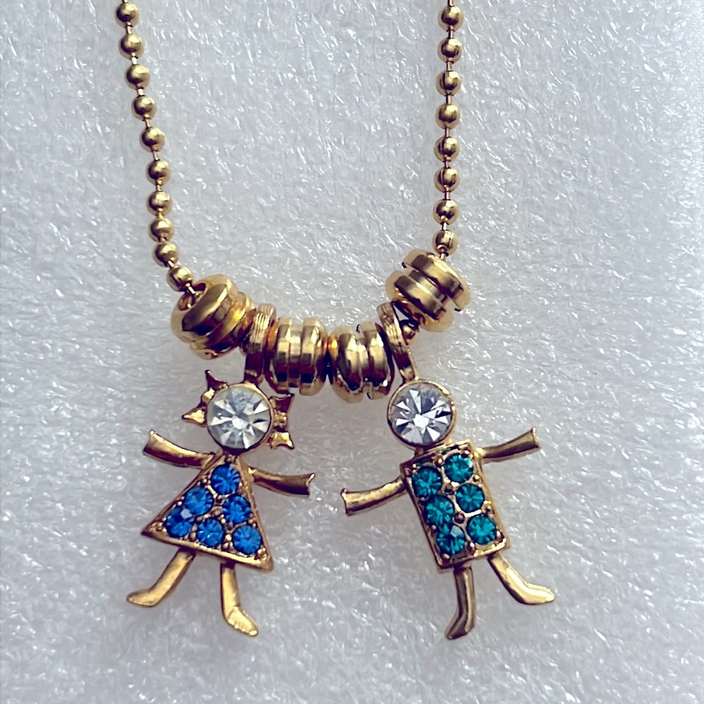 K.L.S gold tone blue/green/clear ringtone necklace with boy and girl New